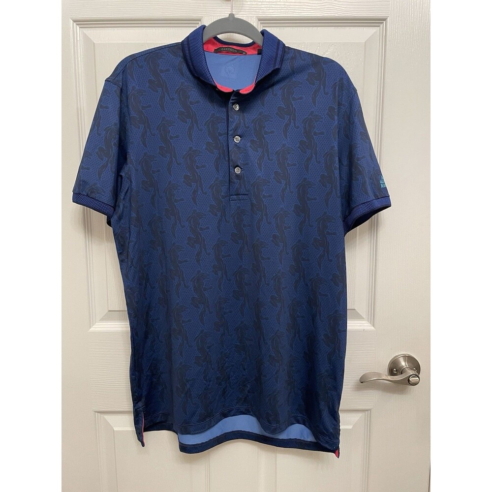 Greyson Night Prowl Performance Polo Shirt Men's M Maltese Blue Wolf Print Golf